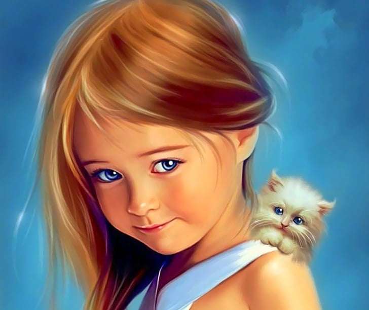 κορίτσι με μικροσκοπικό γατάκι παζλ online