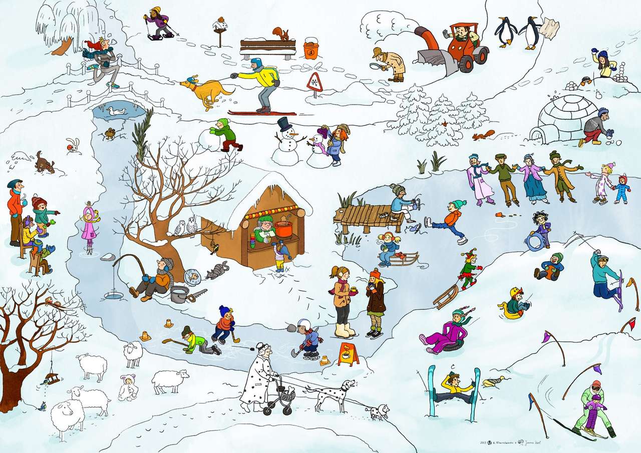 Peisaj de iarnă cu oameni jigsaw puzzle online
