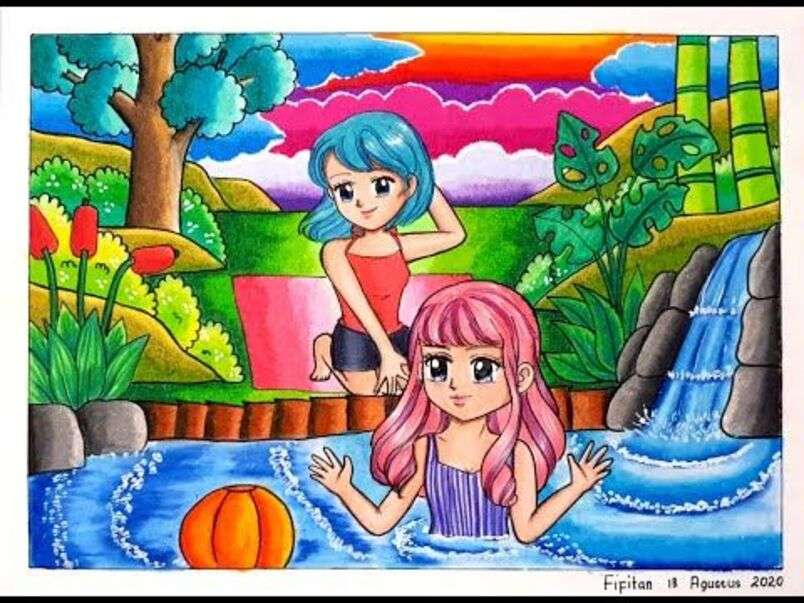 Girls playing and enjoying pool jigsaw puzzle online