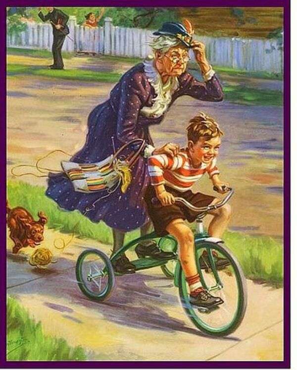 Бабушка катается на велосипеде со своим внуком онлайн-пазл