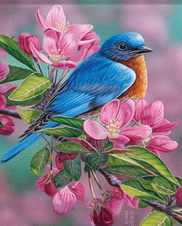 Vacker liten fågel på blomgren pussel på nätet