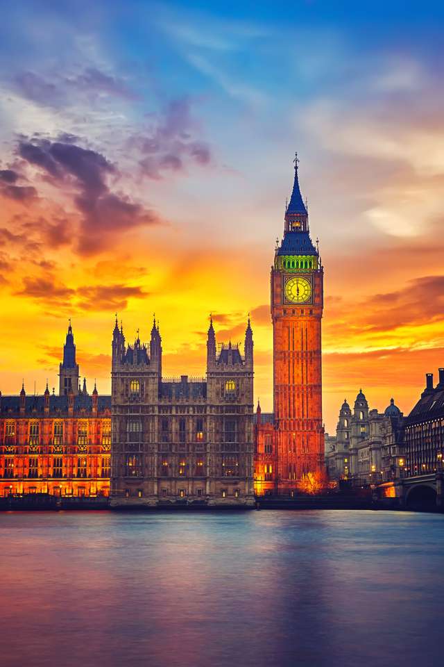 Big Ben és a Westminster híd alkonyatkor Londonban kirakós online