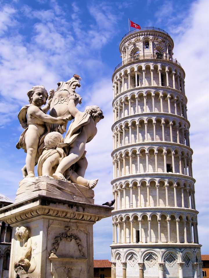 Berühmter Schiefer Turm von Pisa und Cherub-Statue Puzzlespiel online