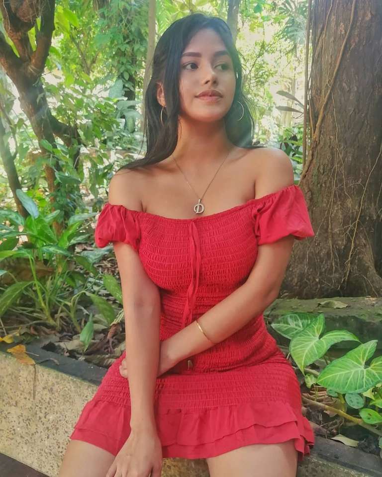schönes Mädchen im roten Kleid Online-Puzzle
