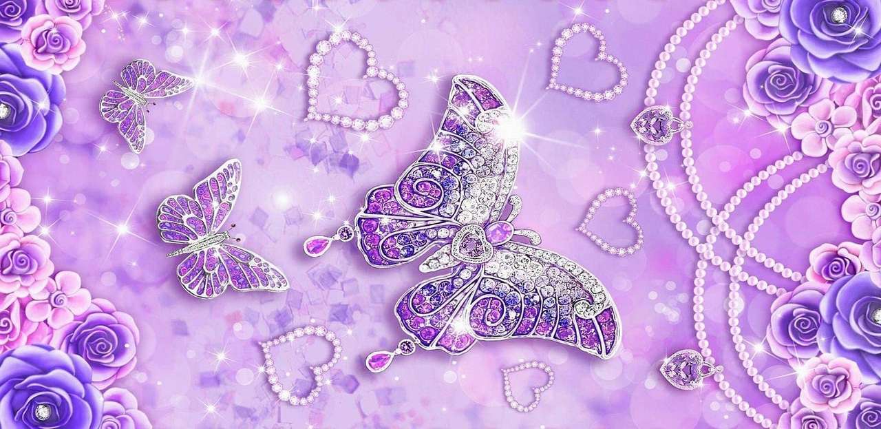 Kristaller, rosor och fjärilar, nyanser av lila pussel på nätet