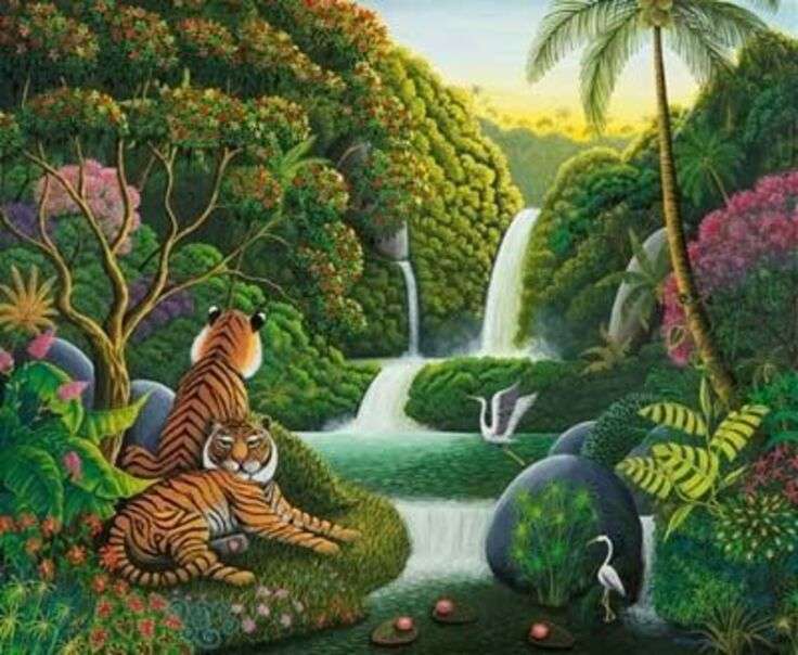 Красивые тигры возле водопада онлайн-пазл
