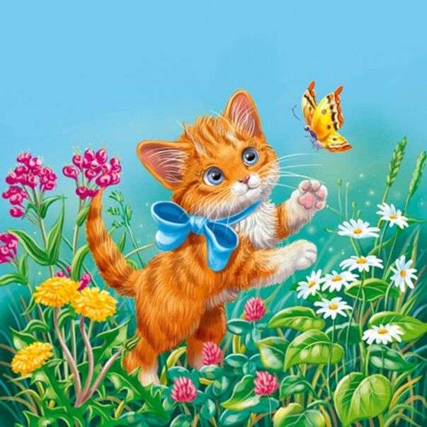 Pisicuta care vrea sa prinda un fluture jigsaw puzzle online