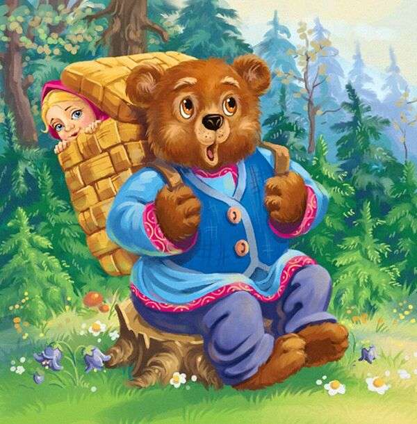 Den lilla björnen bär flickan gömd i korgen Pussel online