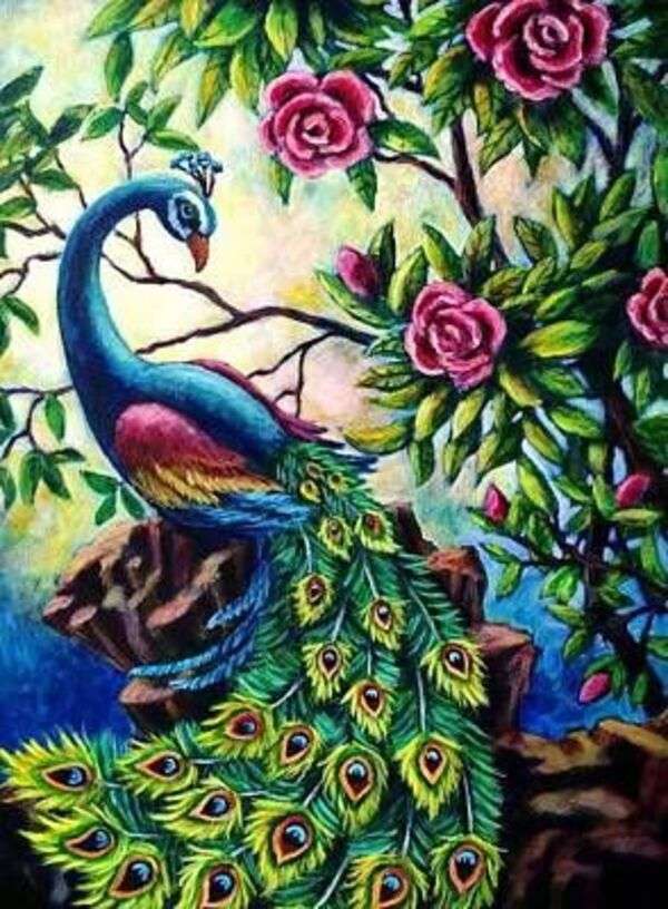Beautiful peacock among pink roses jigsaw puzzle online