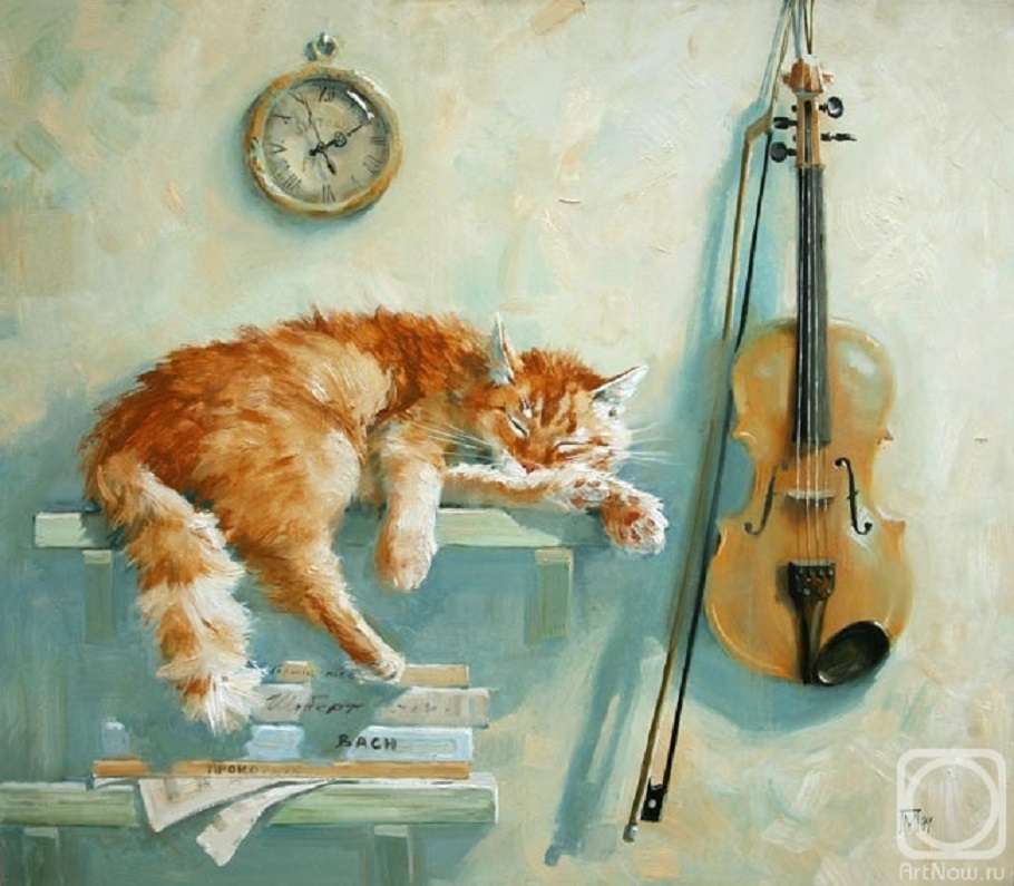 „Natura moartă”: pisică de ghimbir și vioară jigsaw puzzle online