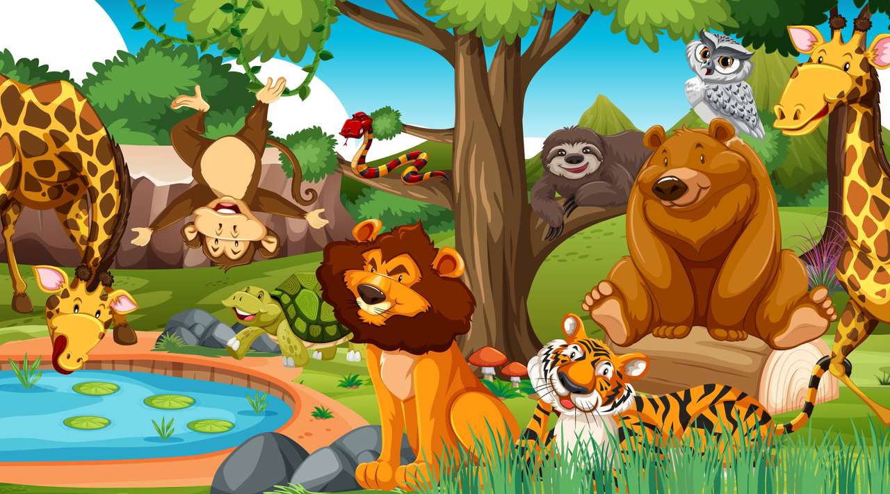 Wild animals in the jungle illustration - Puzzle Factory