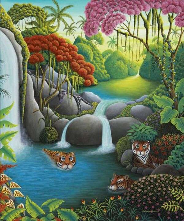 Paisagem # 72 - Tigritos nadando em uma selva exótica puzzle online