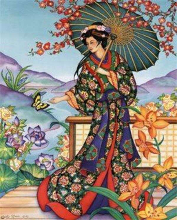 Japán gésa ruha virágok - Art #3 kirakós online