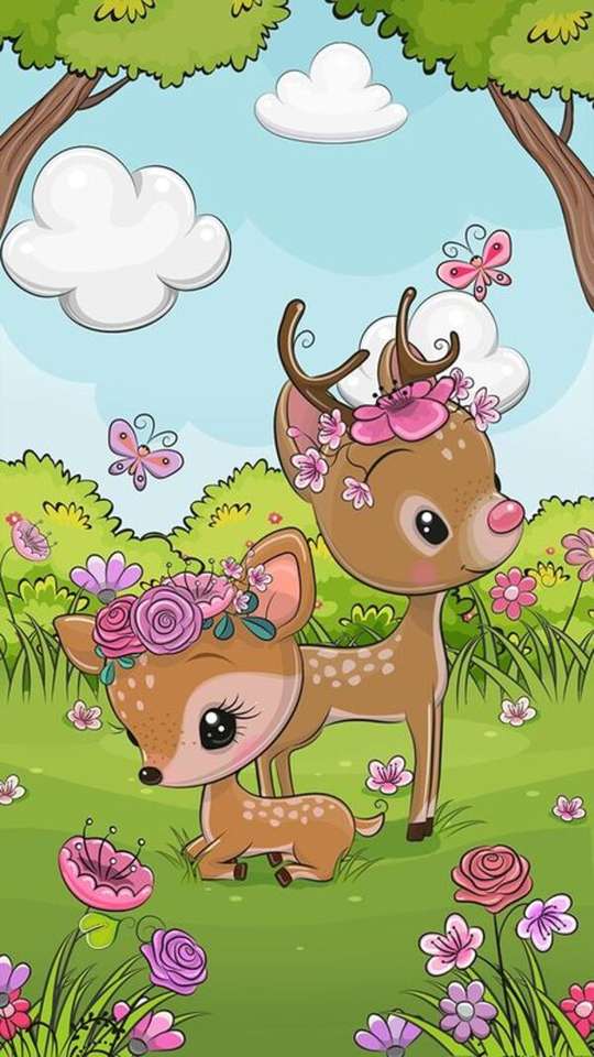Милые малыши Бэмби среди цветов онлайн-пазл