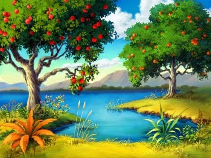 Früchtebeladene Bäume am Ufer des Sees Puzzlespiel online