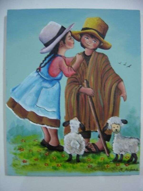 Cholitos from Peru with llamas - Art #2 jigsaw puzzle online