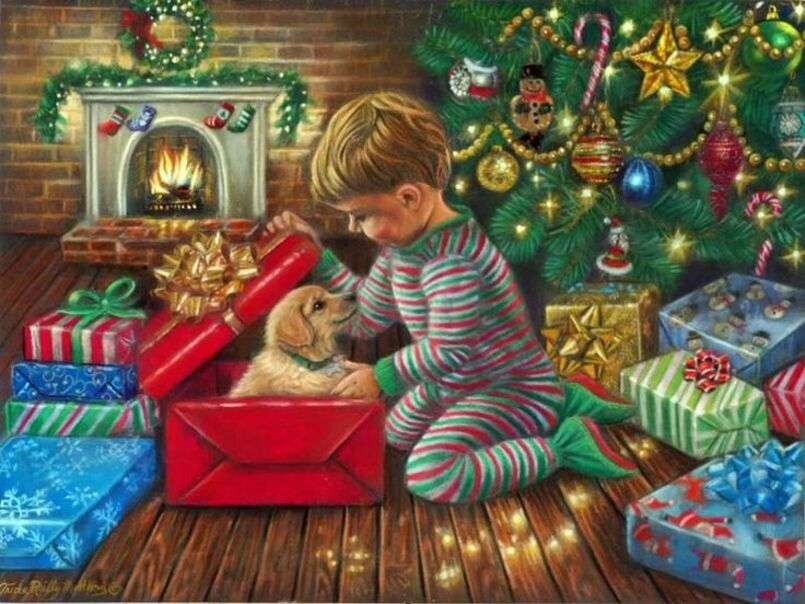 Noël # 48 - L'enfant ouvre les cadeaux de Noël puzzle en ligne