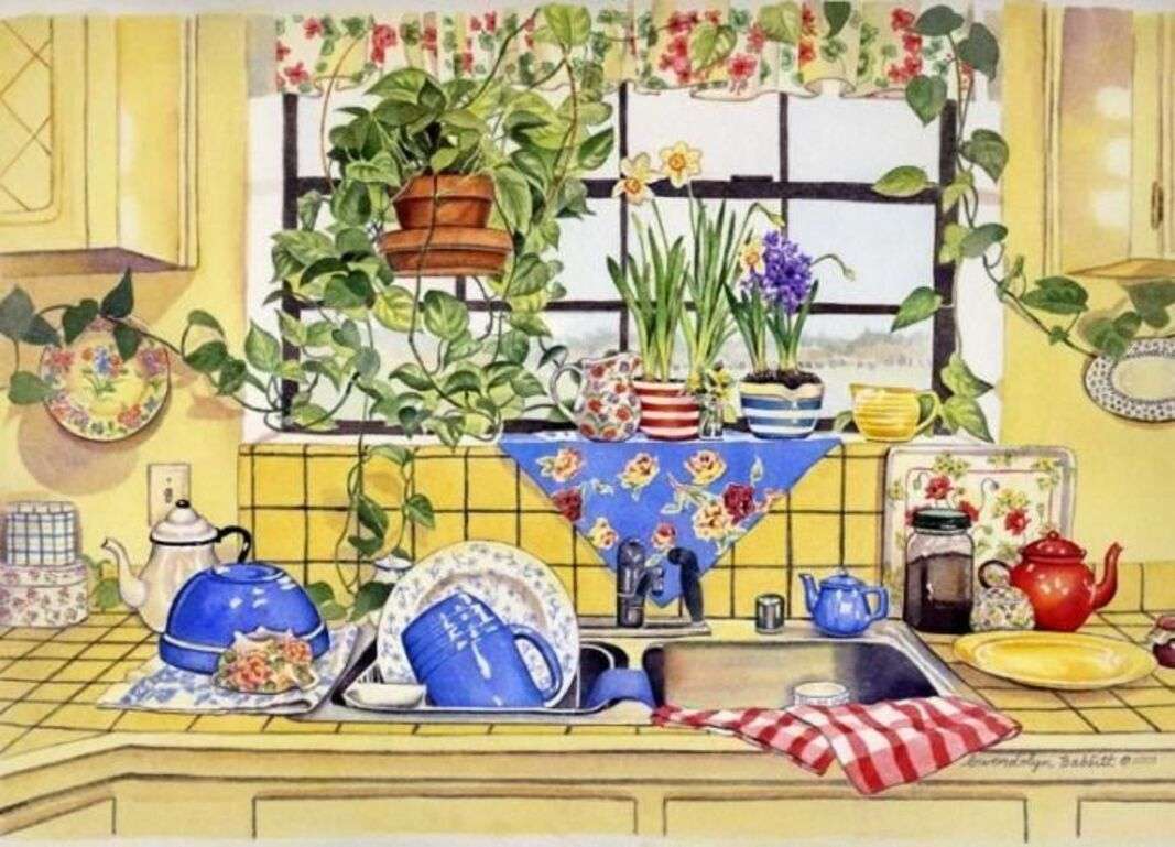 Много малка кухня с цветя онлайн пъзел
