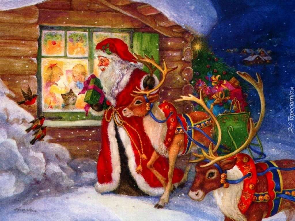 Santa Claus with reindeer and gifts online puzzle