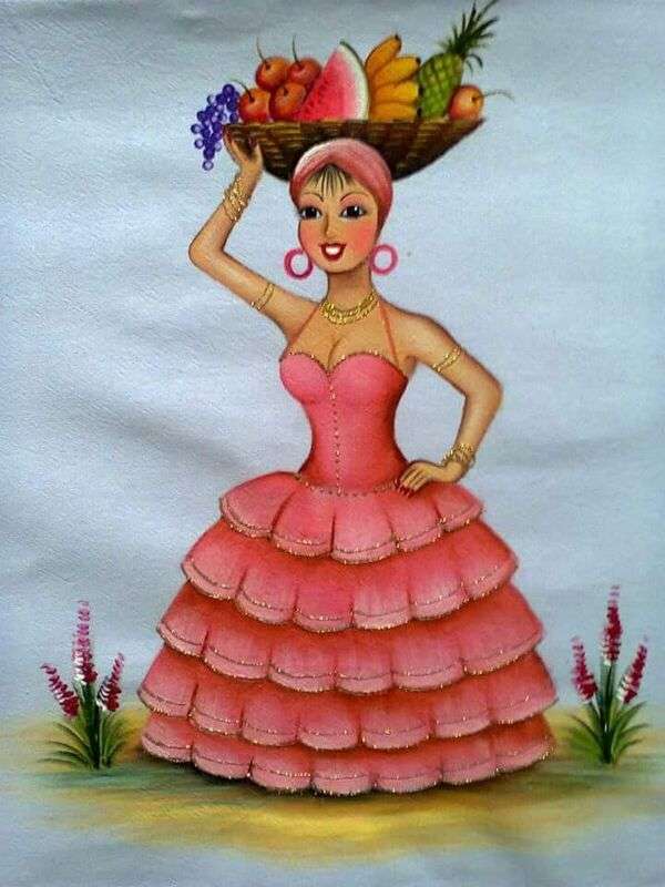Lady with elegant dress and fruit basket jigsaw puzzle online