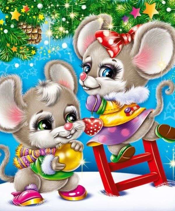 Crăciun # 49 - Cuplu șoareci împodobește bradul puzzle online