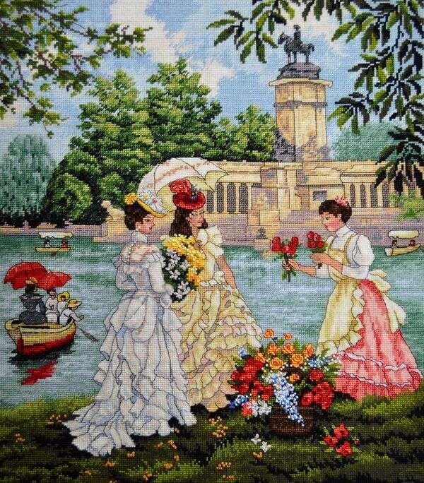 Tre ryska damer i park med sjö - Art # 1 pussel på nätet