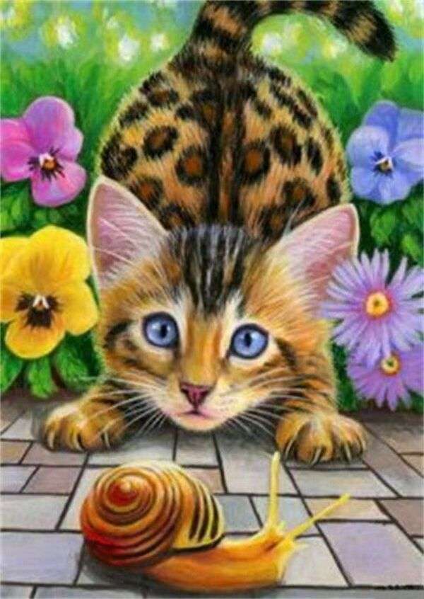 Gatinho tipo tigre observando um caracol puzzle online