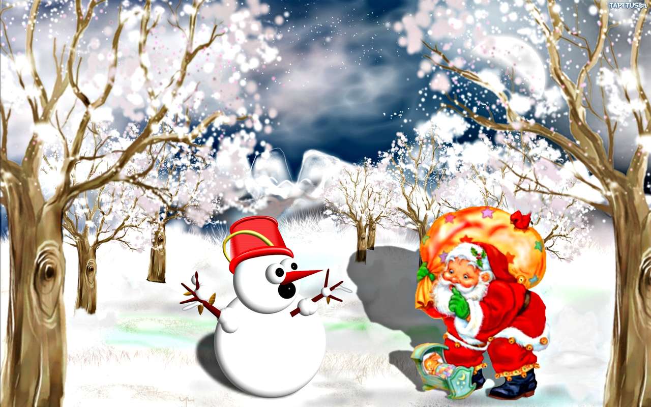 Дед Мороз, снеговик и подарки пазл онлайн