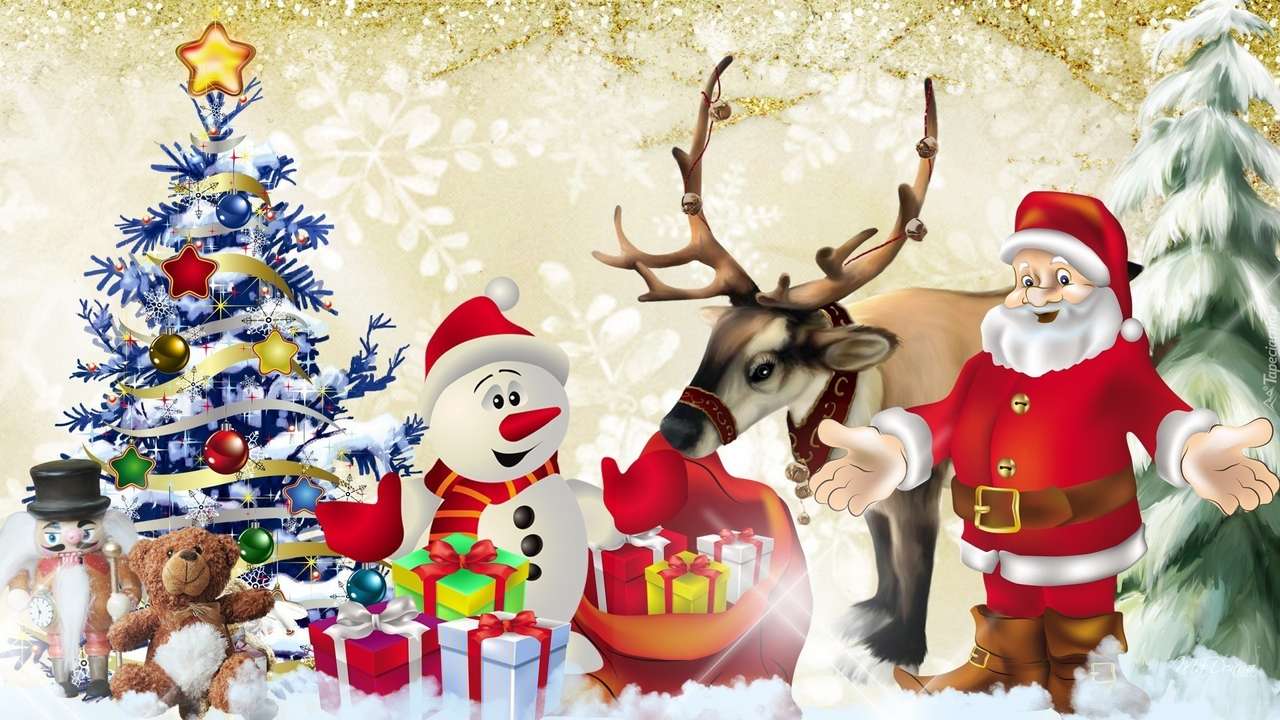 Άγιος Βασίλης, ένα χριστουγεννιάτικο δέντρο και ένας χιονάνθρωπος και ένας τάρανδος παζλ online