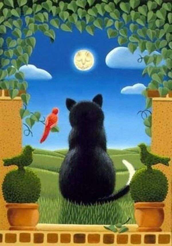 Chaton noir et petit oiseau observant la lune puzzle en ligne