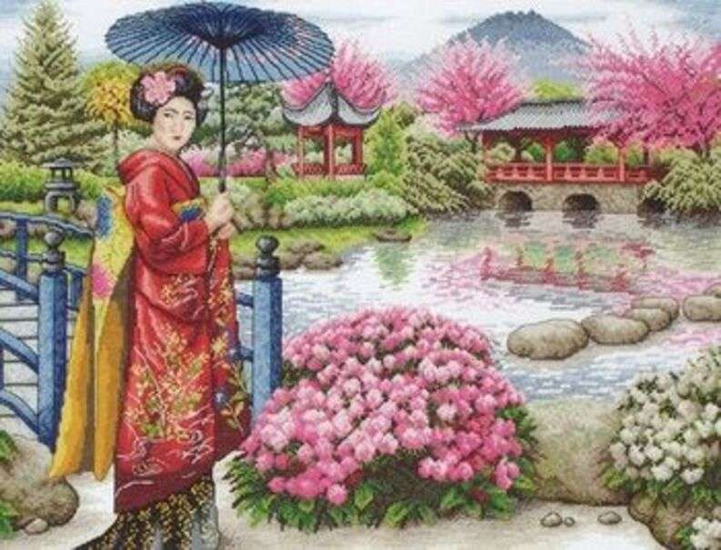 Japanische Dame, die Gärten genießt - Kunst #5 Online-Puzzle