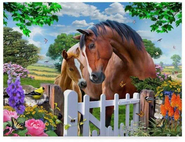Söt häst och ponny nära blommor Pussel online