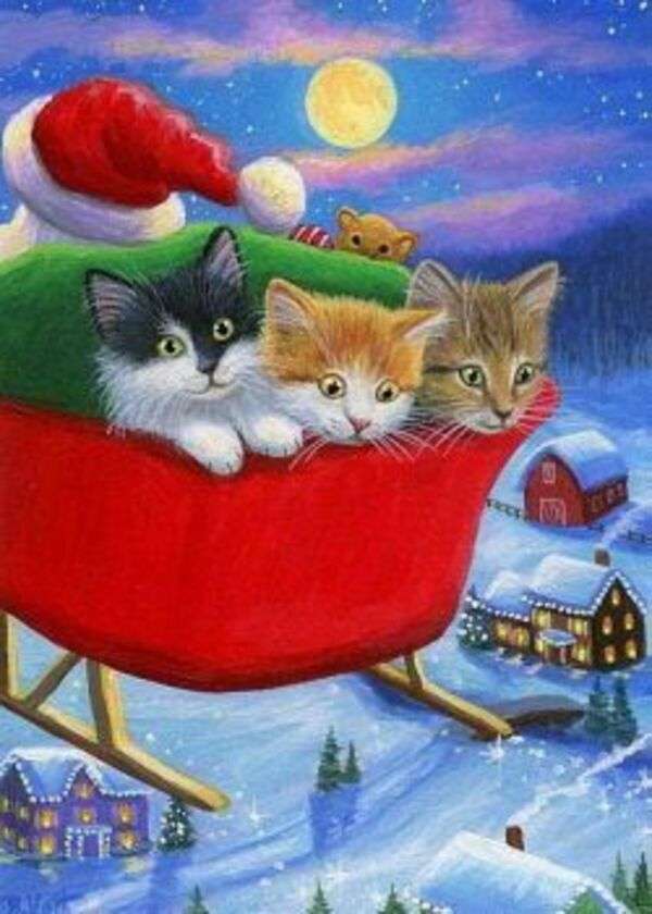 Рождество # 52 - Дед Мороз в санях с котятами пазл онлайн