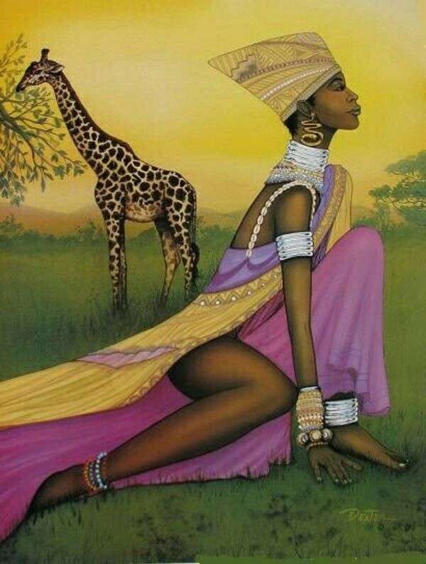 Αφρικανή γυναίκα που ποζάρει με καμηλοπάρδαλη - Τέχνη 4 παζλ online