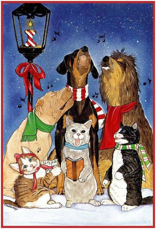Jul #53 - Valpar och kattungar i julkör pussel på nätet