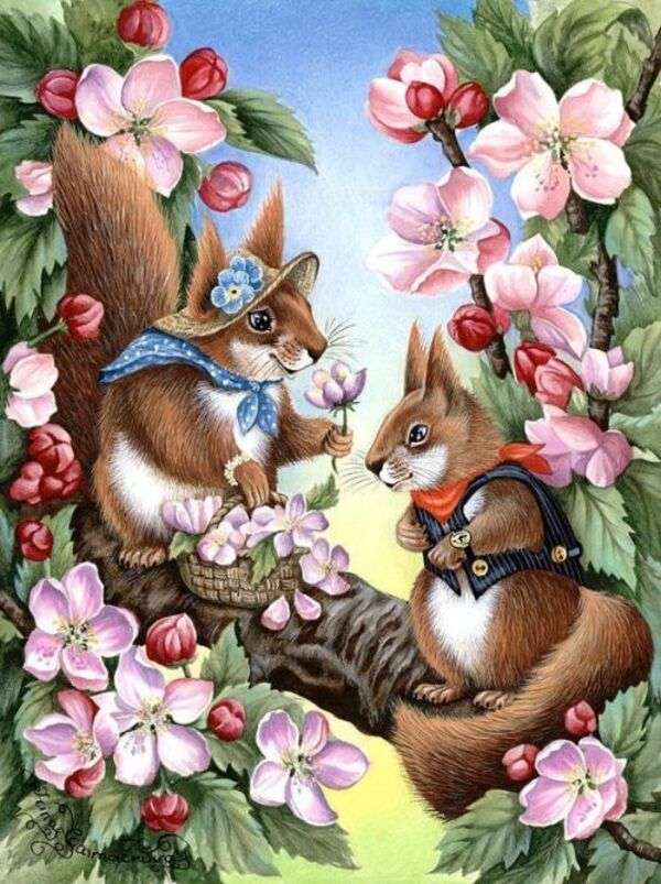 Piccoli scoiattoli molto carini sull'albero puzzle online