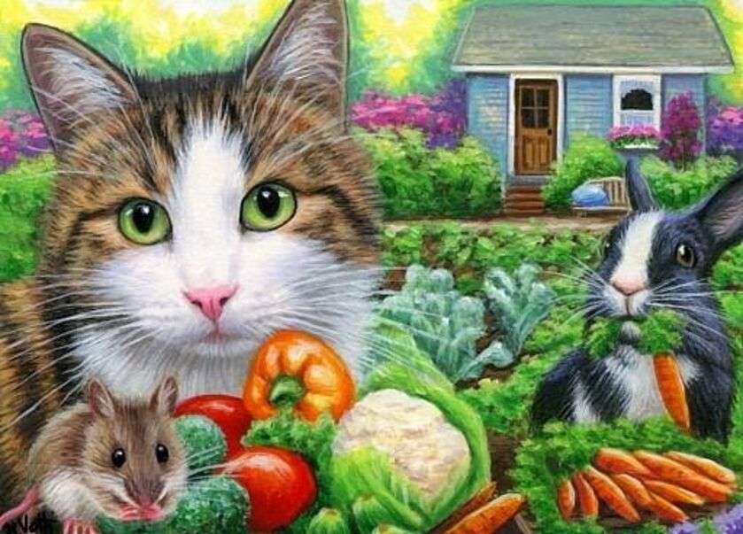 Kattunge, mus och kanin bland grönsaker Pussel online