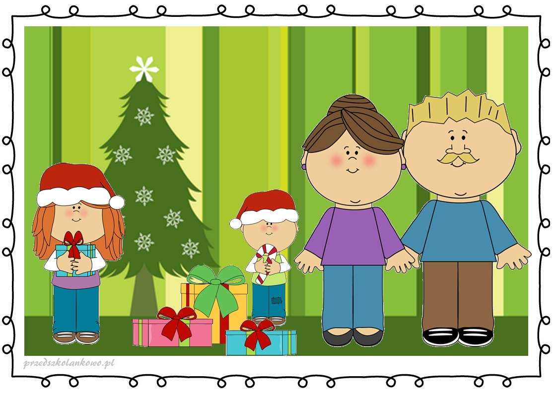 Familie bij de kerstboom met cadeautjes legpuzzel online