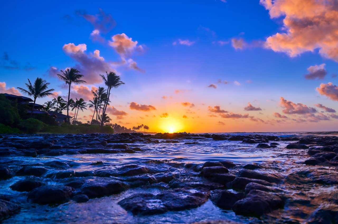 Salida del sol sobre la costa de Kauai, Hawai, rompecabezas en línea