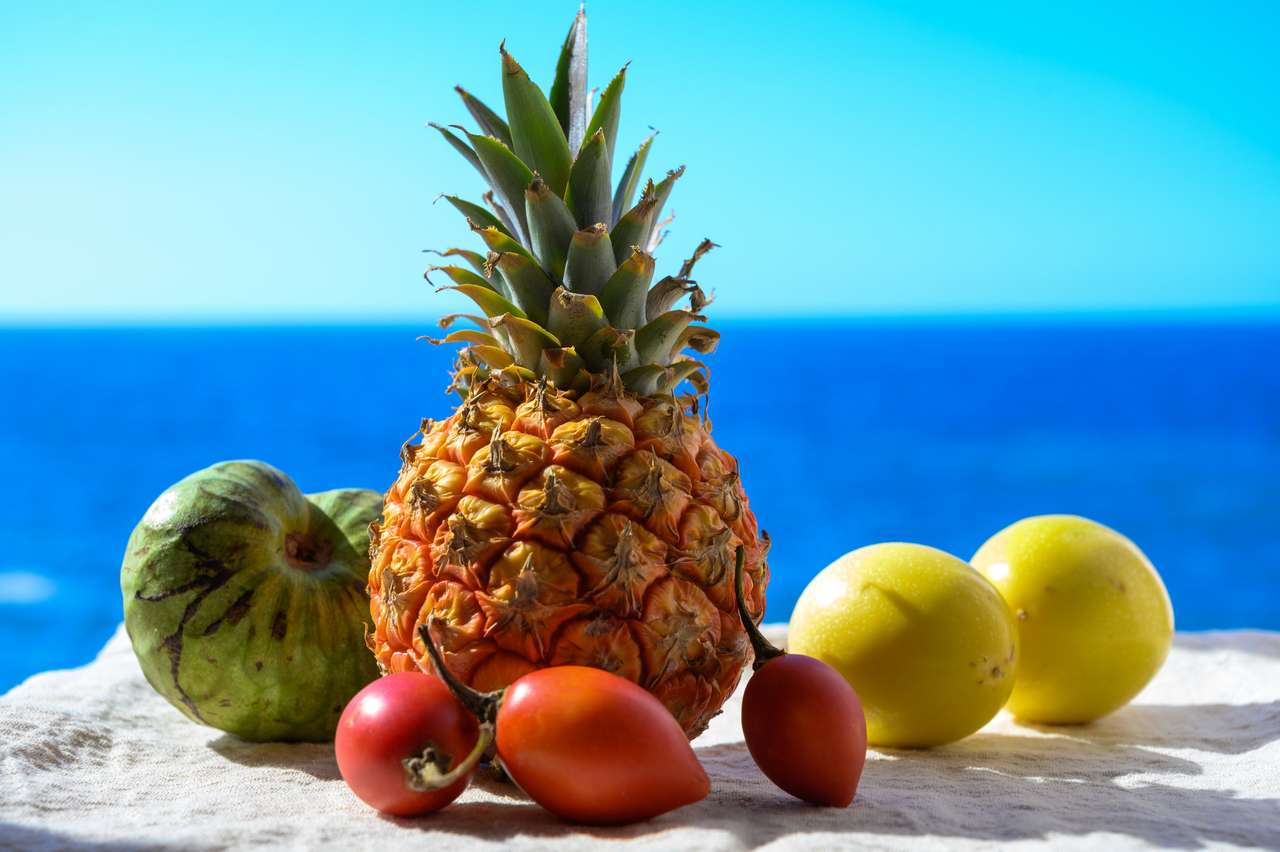 Trópusi gyümölcsök kollekció, puding alma vagy zöld érett cherymoia, maracuja, ananász, mangó, egzotikus tamarillo gyümölcsök kék tenger alapon napsütéses napon online puzzle