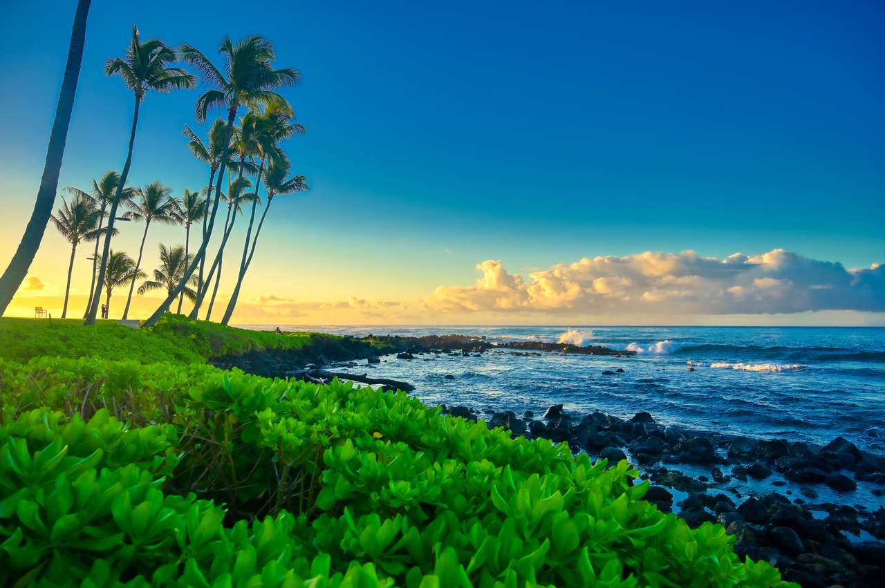 De zonsopgang boven het strand in Kauai, Hawaii legpuzzel online
