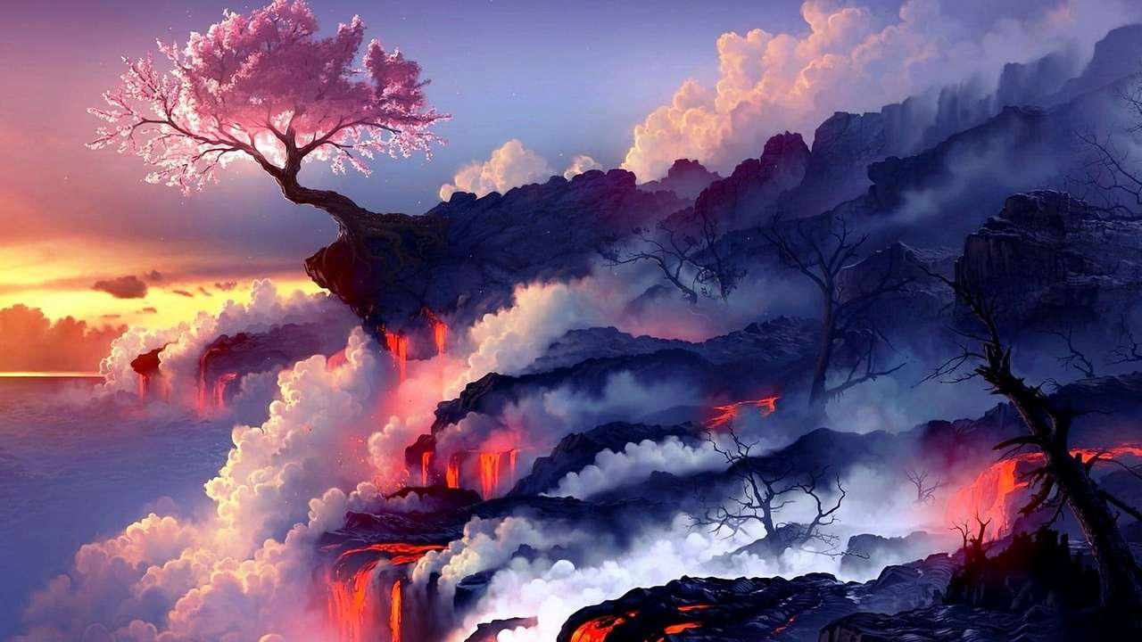 Kersenboom op brandende klif legpuzzel online