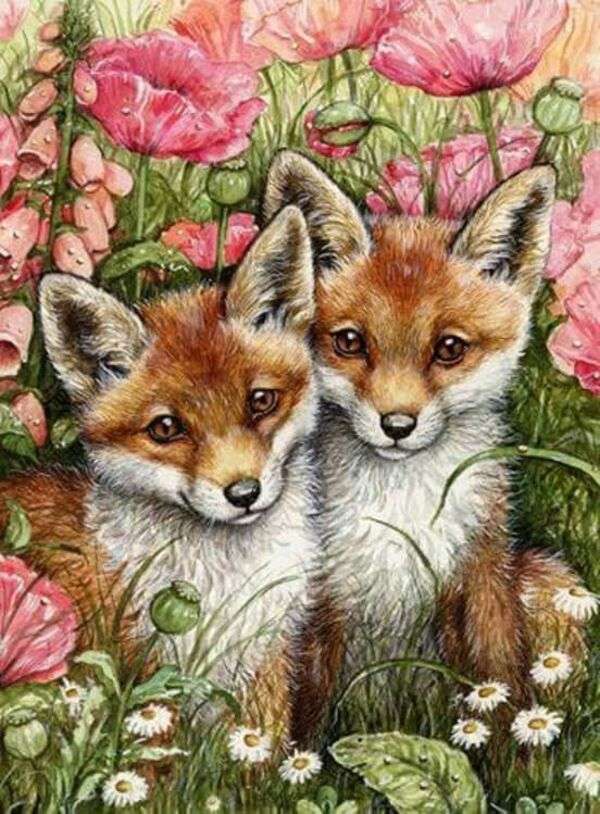 Two little puppies among flowers jigsaw puzzle online