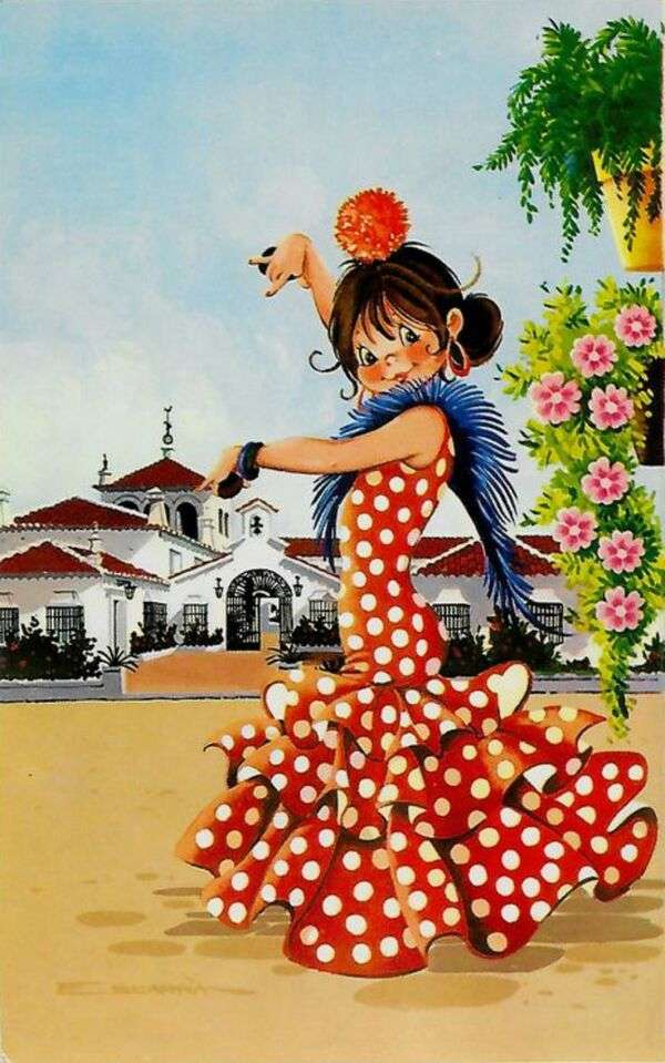 Spansk flicka som dansar flamenco - konst nr 3 pussel på nätet