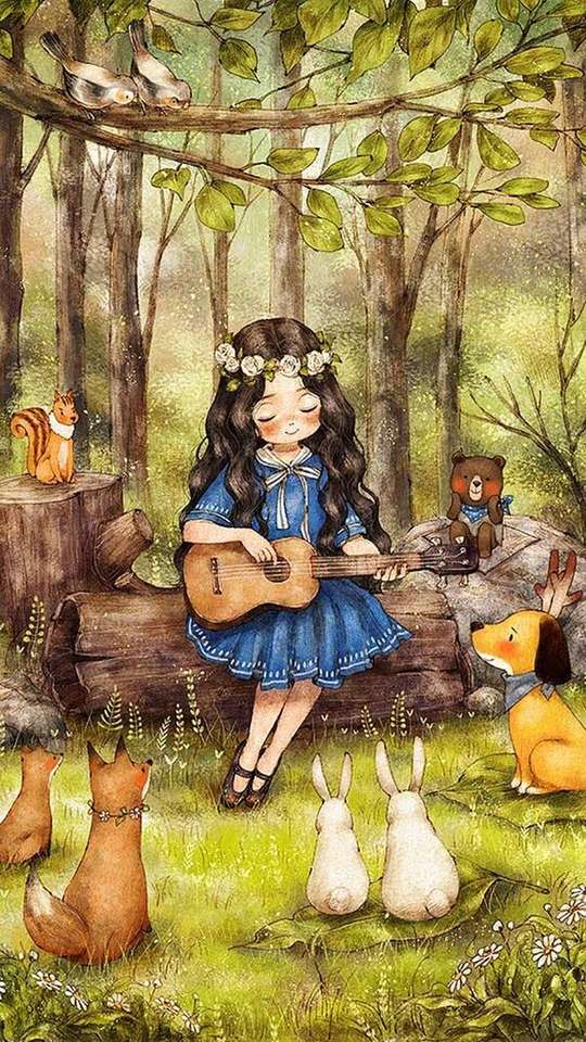 Girl singing with guitar to animals jigsaw puzzle online