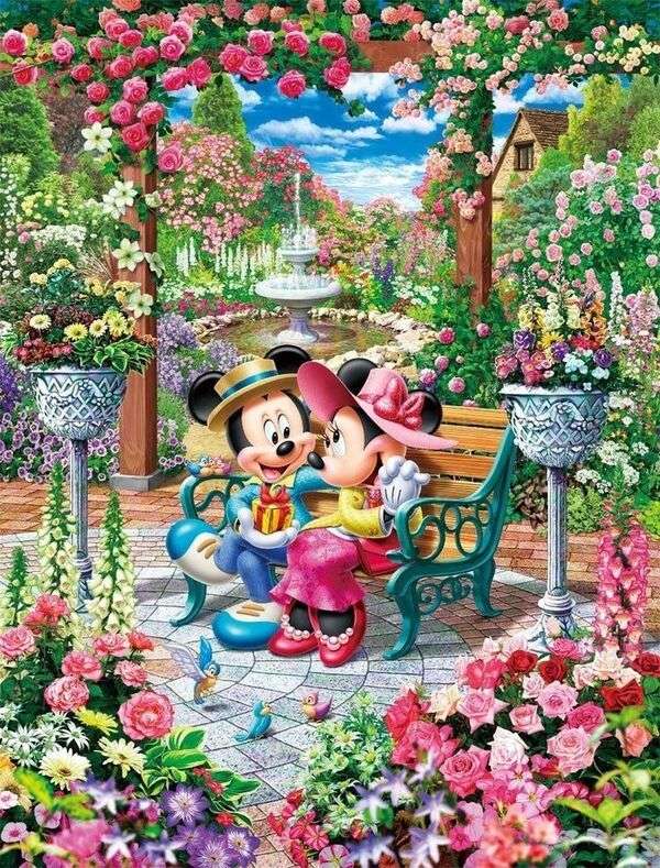 Musse och MIni på dejt i parken med blommor pussel på nätet