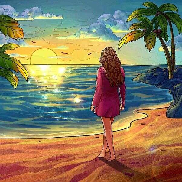 Flickan njuter av vacker solnedgång på stranden pussel på nätet