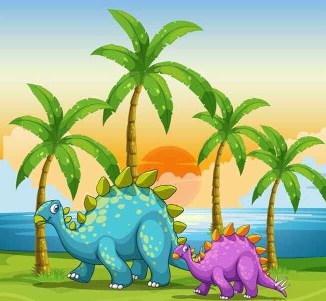 Dinozauri pe plajă cu apus puzzle online