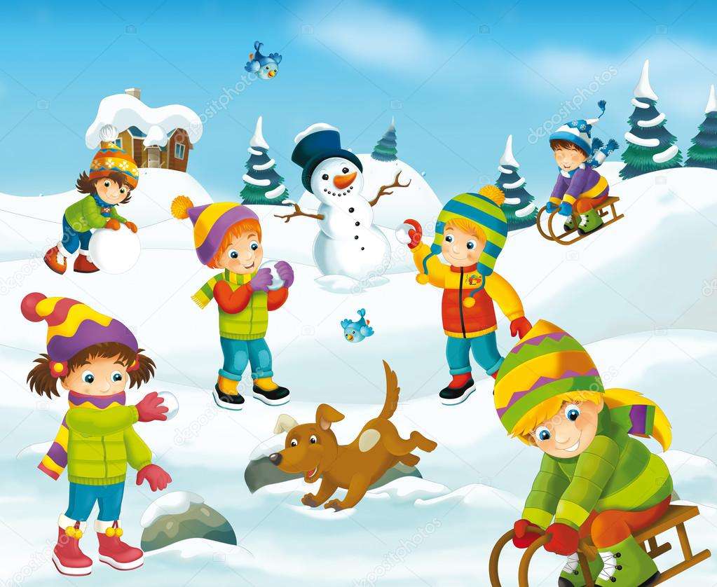 Crianças brincam na neve puzzle online