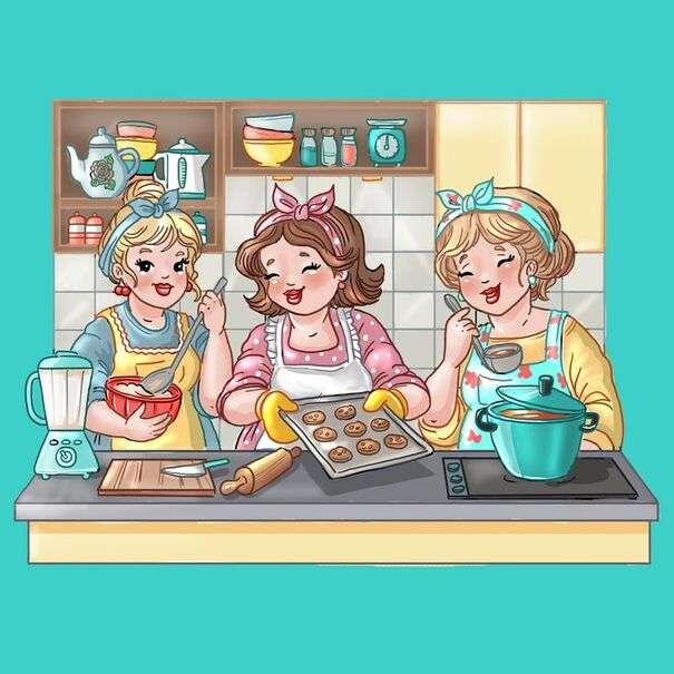 Três amigos preparando pastelaria quebra-cabeças online